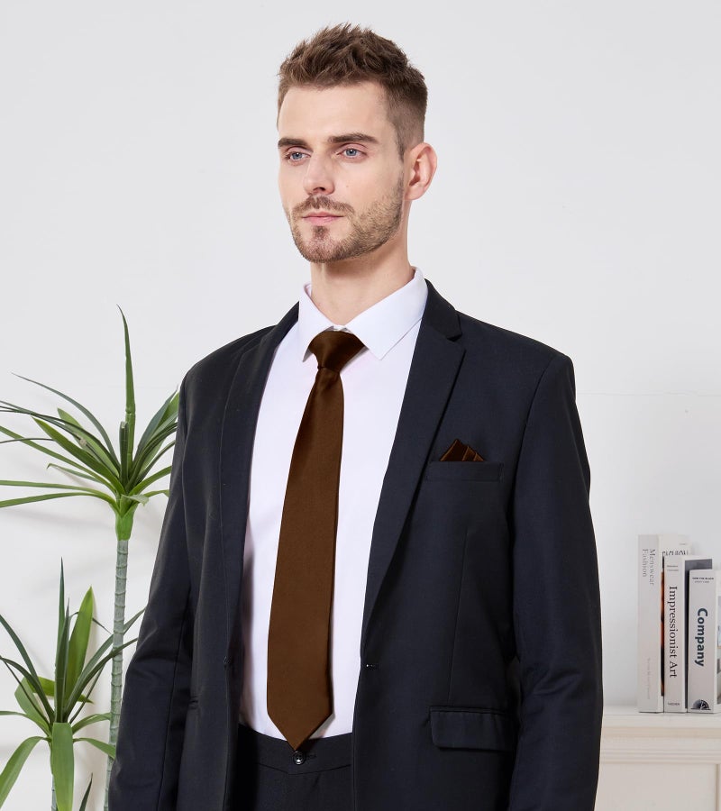 PenSee Men's Coffee Truffle Brown Tie Set Solid Pure Color 3.15" (8CM) Classic Formal Plain Necktie and Pocket Square Set For Men - Image 2