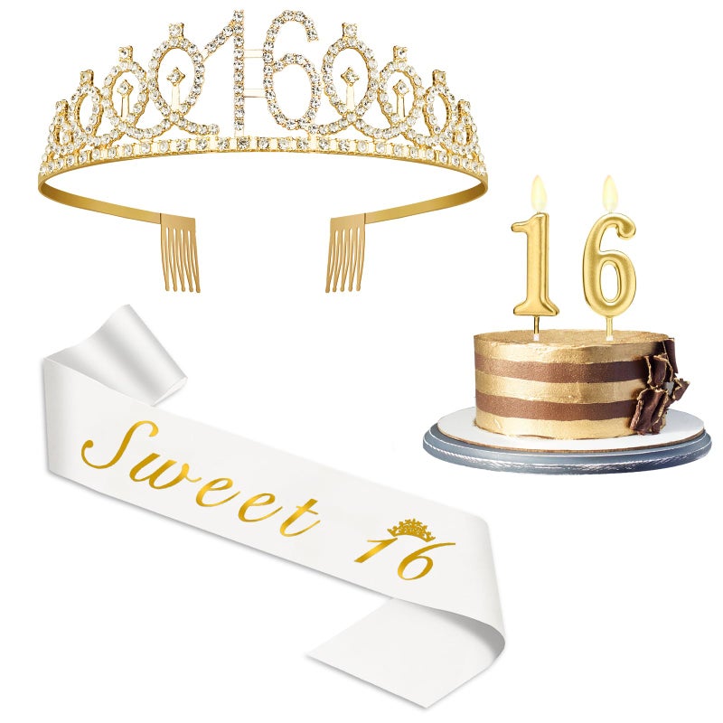 Juesly Sweet 16 Party Decorations for Girls with Sweet 16 Sash White, Rhinestone 16th Birthday Tiara, 16 Candles Gold, 16th Birthday Gifts for Girls Gold White Set - Image 1