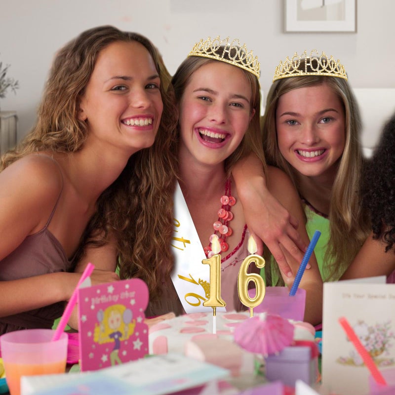 Juesly Sweet 16 Party Decorations for Girls with Sweet 16 Sash White, Rhinestone 16th Birthday Tiara, 16 Candles Gold, 16th Birthday Gifts for Girls Gold White Set - Image 5