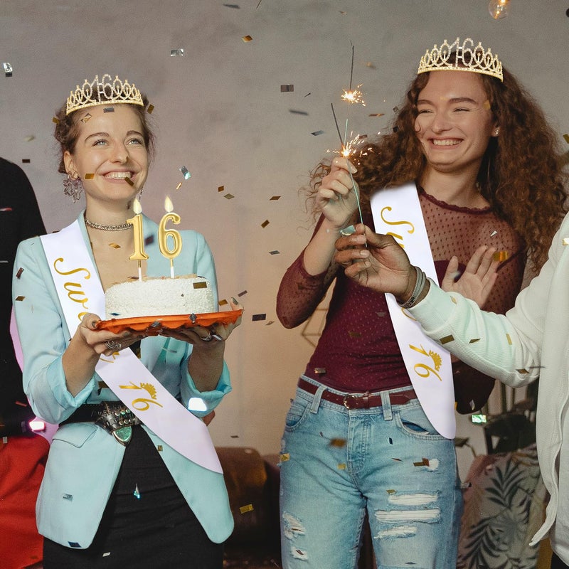 Juesly Sweet 16 Party Decorations for Girls with Sweet 16 Sash White, Rhinestone 16th Birthday Tiara, 16 Candles Gold, 16th Birthday Gifts for Girls Gold White Set - Image 4