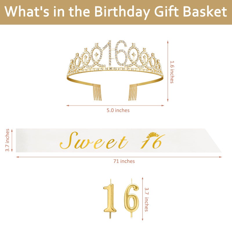 Juesly Sweet 16 Party Decorations for Girls with Sweet 16 Sash White, Rhinestone 16th Birthday Tiara, 16 Candles Gold, 16th Birthday Gifts for Girls Gold White Set - Image 3