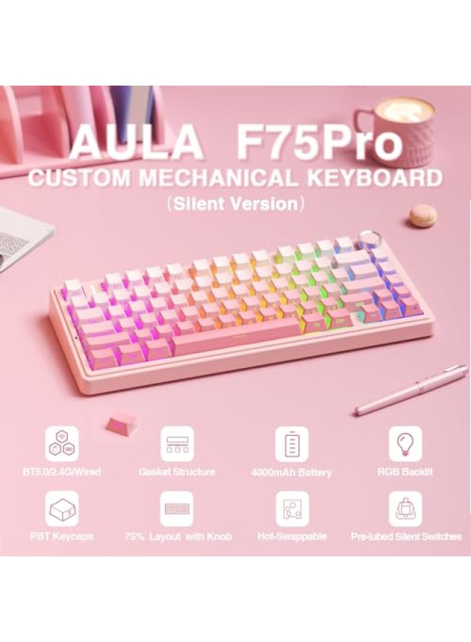 لوحة مفاتيح ميكانيكية لاسلكية AULA F75 Pro، 75% قابلة للتخصيص والتبديل السريع مع مقبض، إضاءة خلفية RGB، مفاتيح Reaper مدهونة مسبقًا، أغطية مفاتيح PBT مطبوعة على الجانب، 2.4GHz/USB-C/BT5.0 للعب - Image 2