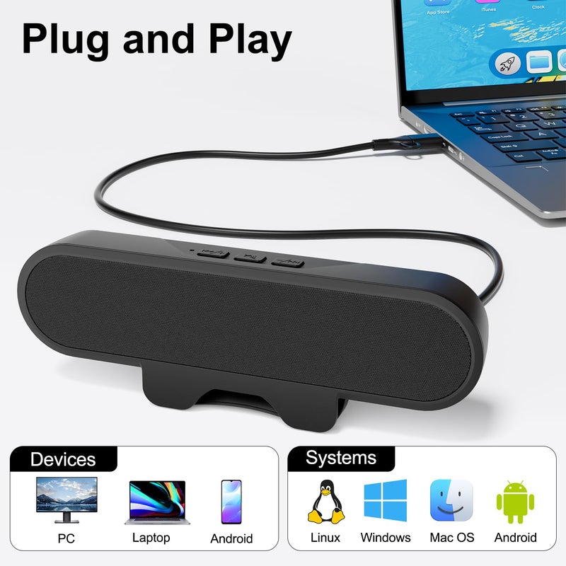 Plyee Audio Monitor Speakers, Computer Speakers for Desktop PC, USB Speaker with Integrated USB A Type C Connector, Easily Clamp to Monitors, 10W(Black) - Image 5