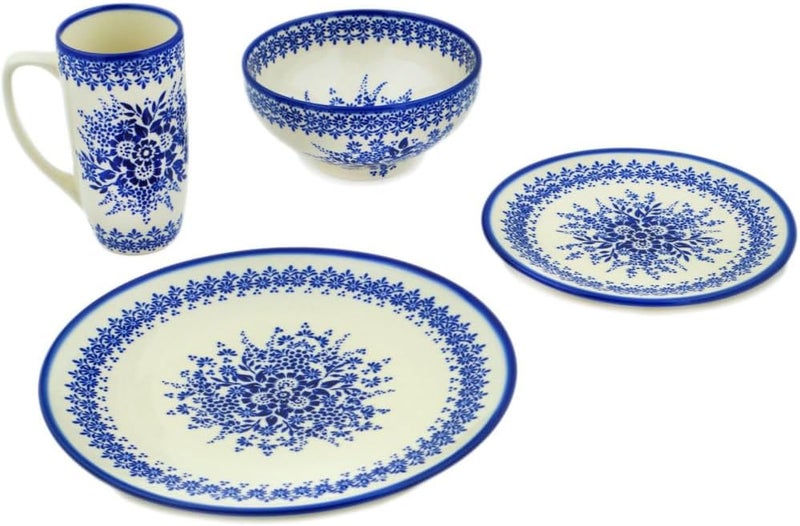 Polmedia Polish Pottery Authentic Polish Pottery 4Piece Place Setting Signature UNIKAT in Morning Frost Design Handmade in Bolesawiec Poland  Certificate of Authenticity  - Image 2