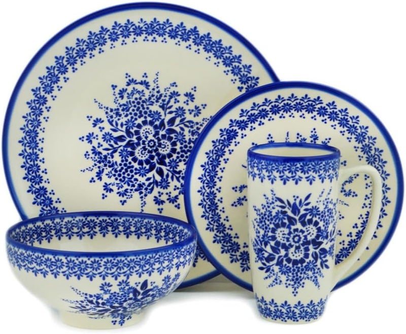 Polmedia Polish Pottery Authentic Polish Pottery 4Piece Place Setting Signature UNIKAT in Morning Frost Design Handmade in Bolesawiec Poland  Certificate of Authenticity  - Image 1