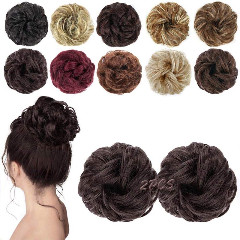 MORICA 2PCS Messy Bun Hair Pieces Fake Bun Scrunchies for Thin Hair  Curly Wavy Synthetic Chignon Ponytail  Dark Brown