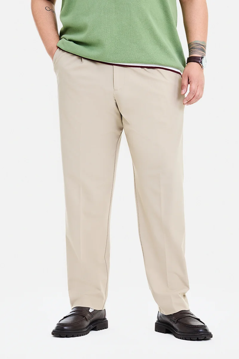 سنيتش Beige Textured Regular Fit Formal Plus Size Trousers