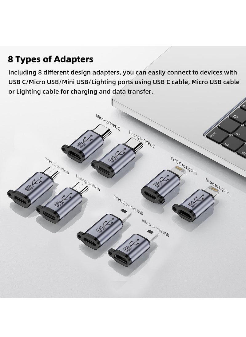 Excefore - 8 Pack USB C/Lightning to Micro USB Adapter,  Micro USB/Lighting to USB C Extender, USB C/Micro USB to Mini USB Connector use any interface(Black) - Image 1