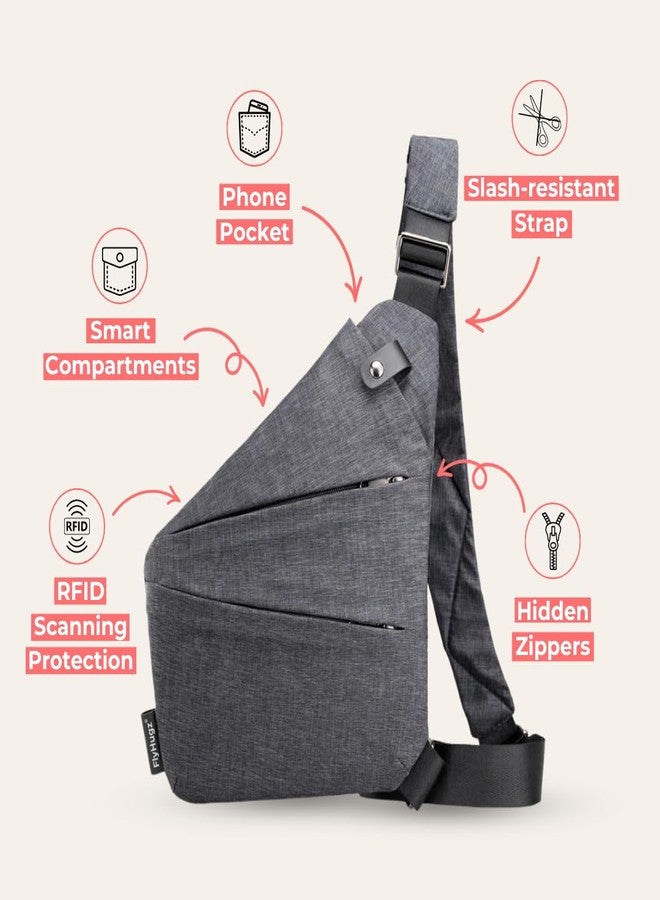 FlyHugz Anti-Theft Crossbody Sling Bag for Travel - Gray Canvas, Multi-Pocket Design for Men & Women, Water-Resistant, Grey, Standard - Image 2