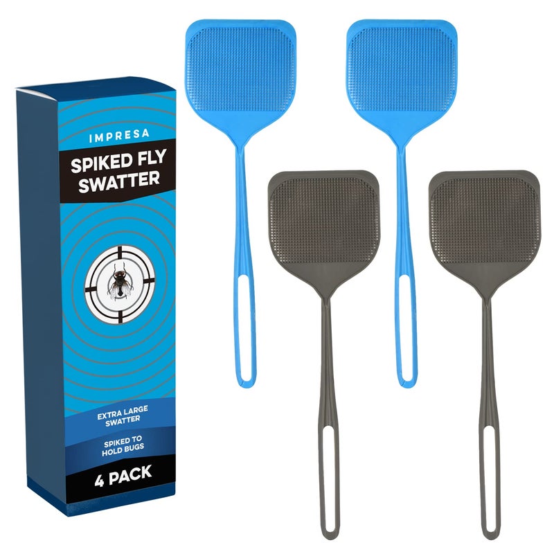 Impresa Extra Large Fly Swatter - 4-Pack, Blue & Grey Spiked Fly Swatter with 5â€³ Smashing Surface - Hygienic Bug Picker Upper Tool - Durable Heavy Duty Swatting Tool - Image 1