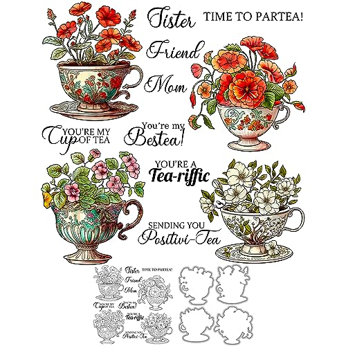 YIXUAN Blooming Flowers in European Style Vintage Tea Cups Clear Stamps and Metal Cutting Dies Set with Envelope Box DIY Scrapbooking Supplies for Card Making Albums Crafts Decor - Image 1