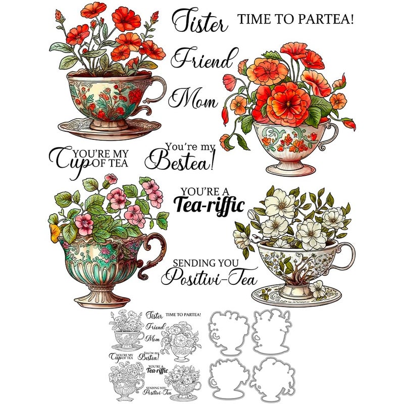 YIXUAN Blooming Flowers in European Style Vintage Tea Cups Clear Stamps and Metal Cutting Dies Set with Envelope Box DIY Scrapbooking Supplies for Card Making Albums Crafts Decor - Image 3