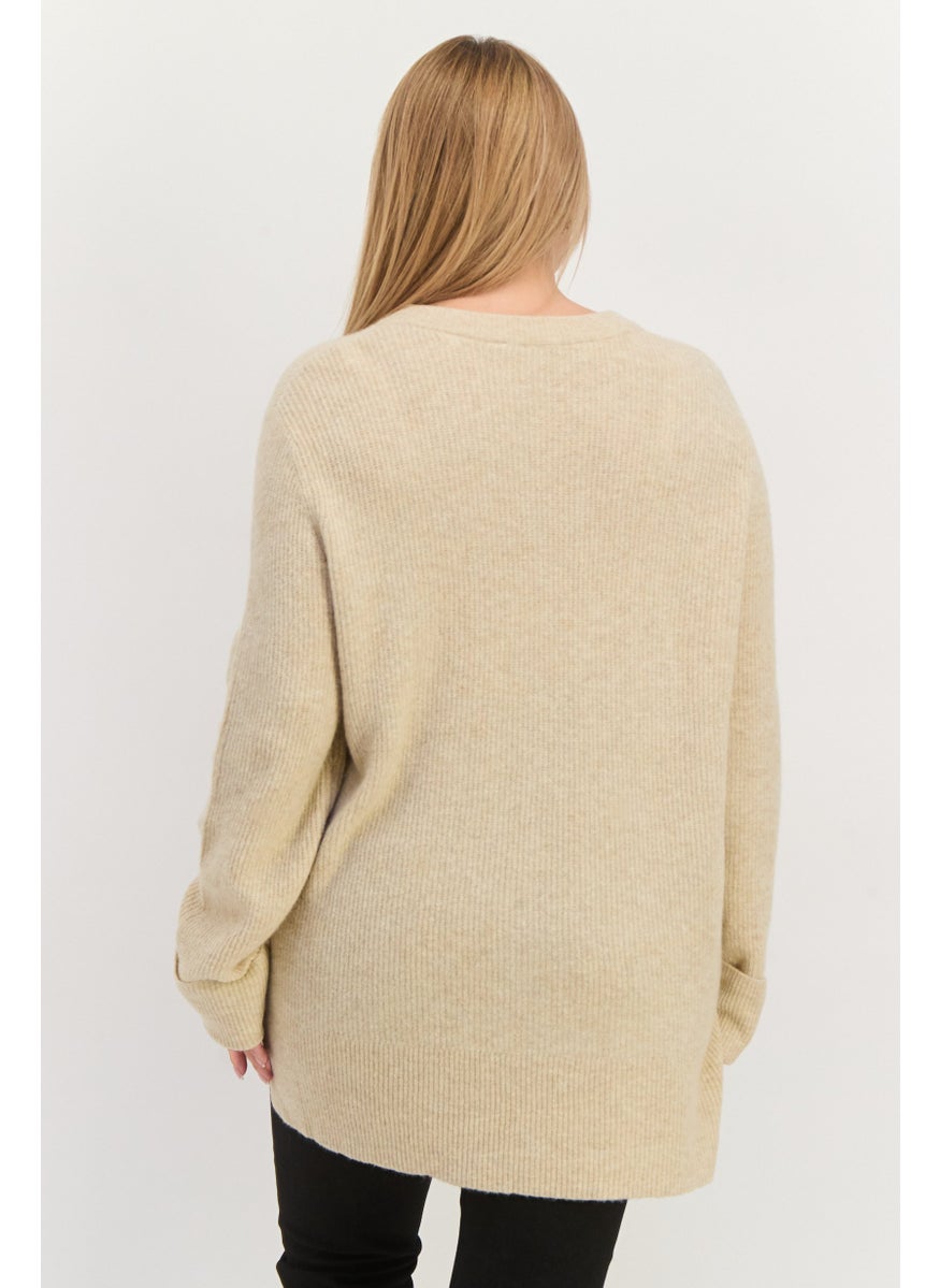 ESPRIT Women Crew Neck Knitted Sweater, Beige  - Image 3