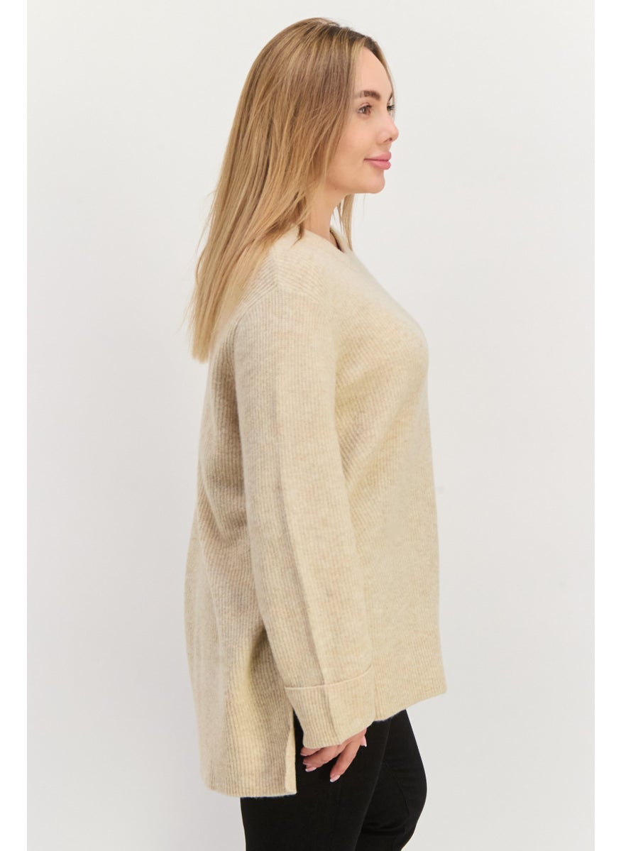 ESPRIT Women Crew Neck Knitted Sweater, Beige  - Image 2