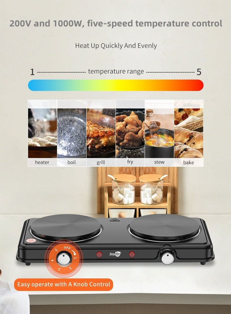 ستارلوكس موقد كهربائي ساخن، شعلتان من الحديد الزهر، شعلة سطحية بقوة ٢٠٠٠ واط، شعلتان كهربائيتان، موقد كهربائي محمول - Image 3