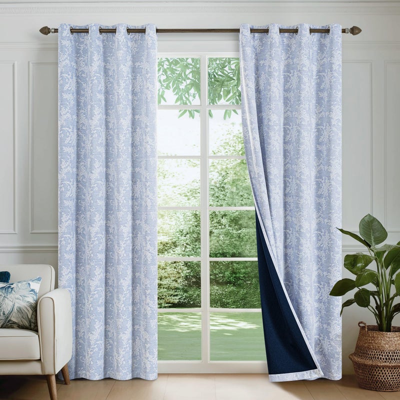 FMFUNCTEX Blue Floral Jacquard Blackout Curtains 72 Inches Long for Bedroom, Scroll Flower Chenille Farmhouse Curtains for Living Room Darkening Thermal Insulated Grommet Window Drapes 2 Panels - Image 2