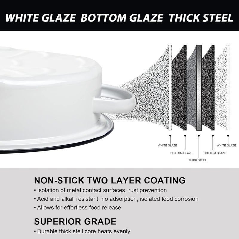 Webake Enameled Roasting Pan with Lid Covered Roaster Pan Oval Pot Enamelware Cookware 155 Inch Vintage Farmhouse White - Image 3