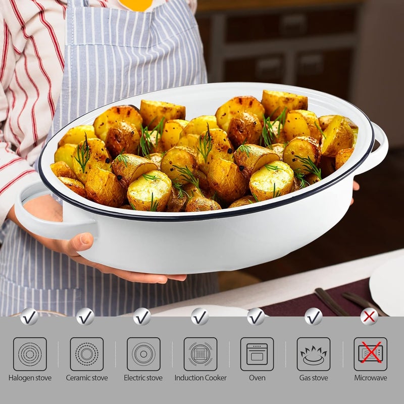 Webake Enameled Roasting Pan with Lid Covered Roaster Pan Oval Pot Enamelware Cookware 155 Inch Vintage Farmhouse White - Image 5