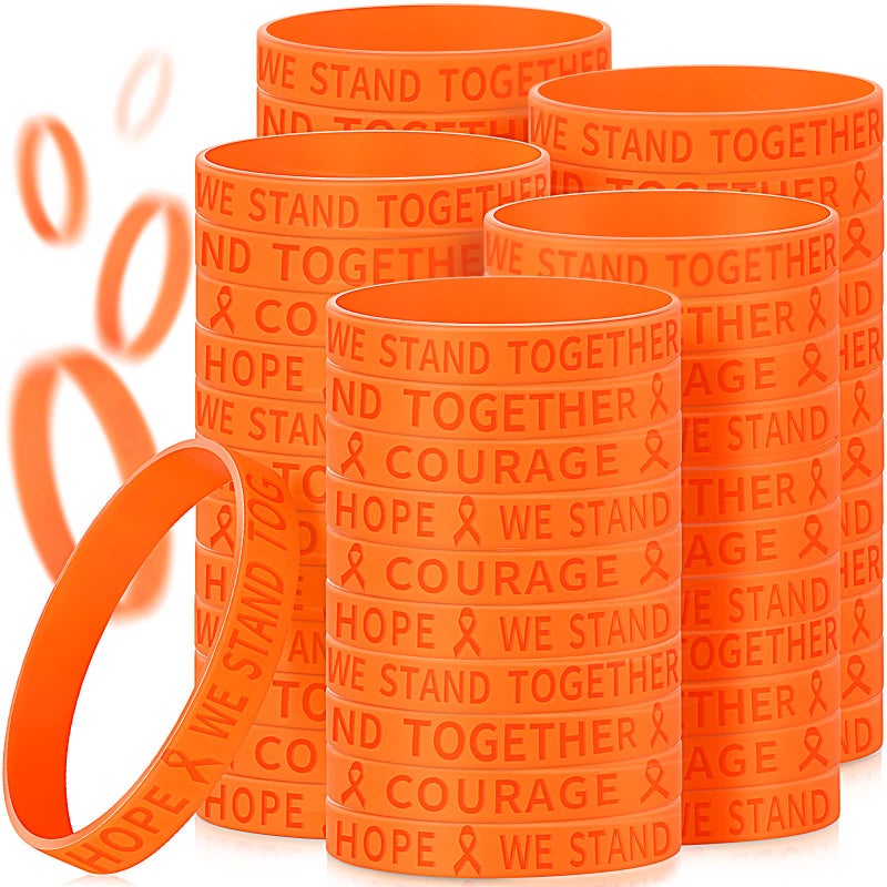 Junkin 200 Pcs Orange Ribbon Bracelets Leukemia Awareness Bracelet Kidney Cancer Adhd Lymphoma Cerebral Awareness Silicone Wristband for Public Activity Supplies - Image 2