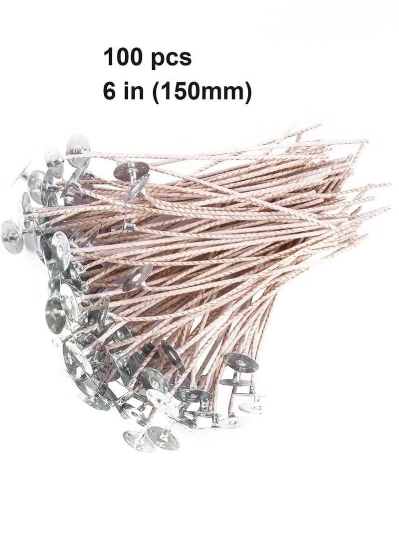 6 Inch 100pcs Thick Gauge Wick, Natural Candle Wick Pre-Waxed ,Pre Waxed Cotton Wick with Metal Sustainer Tabs, Coated with Natural Soy Wax Cotton & Paper Wicks for Soy Beeswax Candle Making  - Image 2