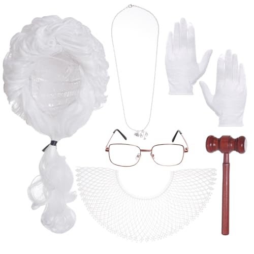 Tayfremn 6Pcs Judge Costume Adult Judge Costume Accessories Women Men Halloween Judge Lawyer Costume with Wig Collar Wooden Gavel Necklace Glove Glasses for Halloween Party Cosplay Dress Up White - Image 1