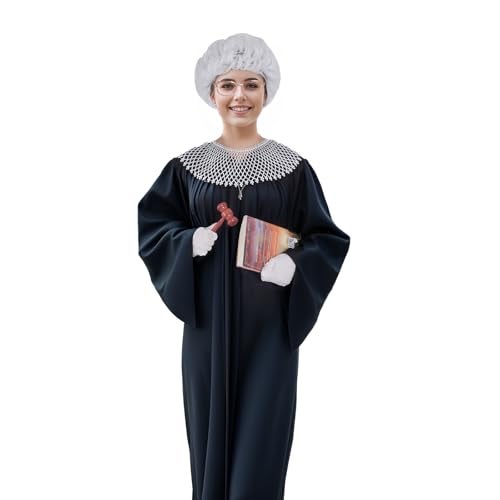 Tayfremn 6Pcs Judge Costume Adult Judge Costume Accessories Women Men Halloween Judge Lawyer Costume with Wig Collar Wooden Gavel Necklace Glove Glasses for Halloween Party Cosplay Dress Up White - Image 4
