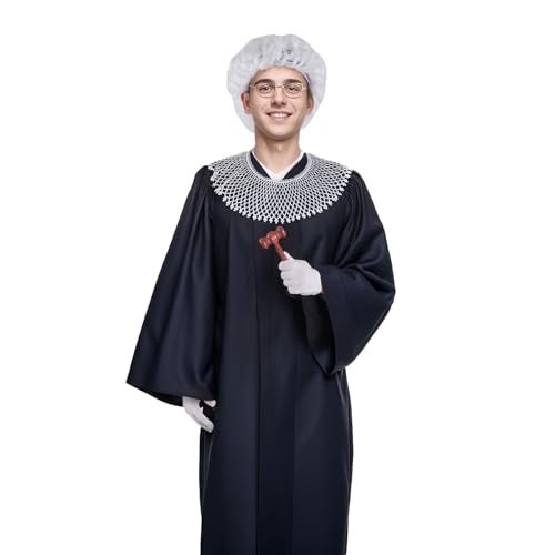 Tayfremn 6Pcs Judge Costume Adult Judge Costume Accessories Women Men Halloween Judge Lawyer Costume with Wig Collar Wooden Gavel Necklace Glove Glasses for Halloween Party Cosplay Dress Up White - Image 5