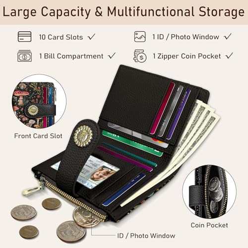 Kelvoris Mushroom Moon Night Small Rfid Women Wallet Bifold Zipper Coin Pocket PU Leather Compact Cash Credit Card Holder Travel Wallet for Female Ladies Teen Girls 1 ID Window 10 Card Slots - Image 4