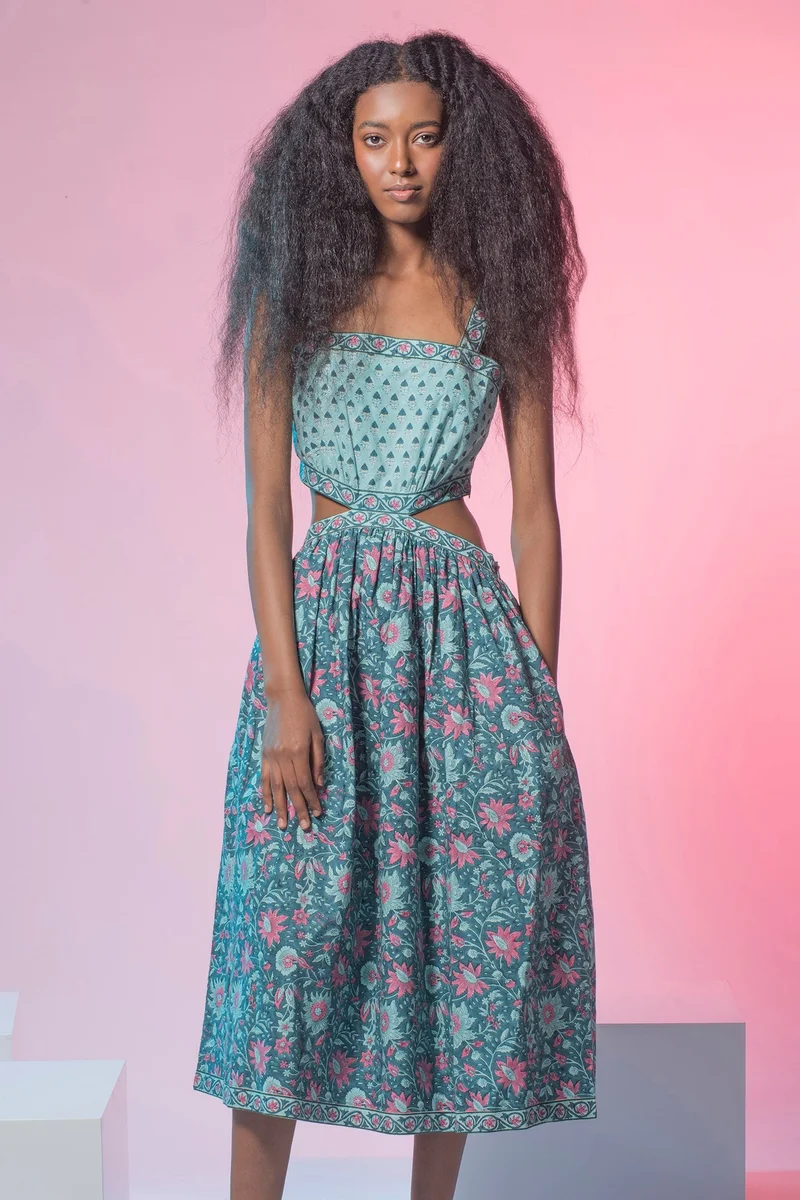 Virgio Virgio Women Neelambari flower Haven Jaipur Hand Block Print Waist Cut-Out Midi Dress