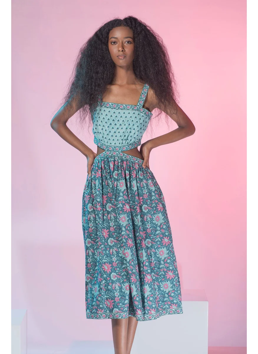 Virgio Virgio Women Neelambari flower Haven Jaipur Hand Block Print Waist Cut-Out Midi Dress