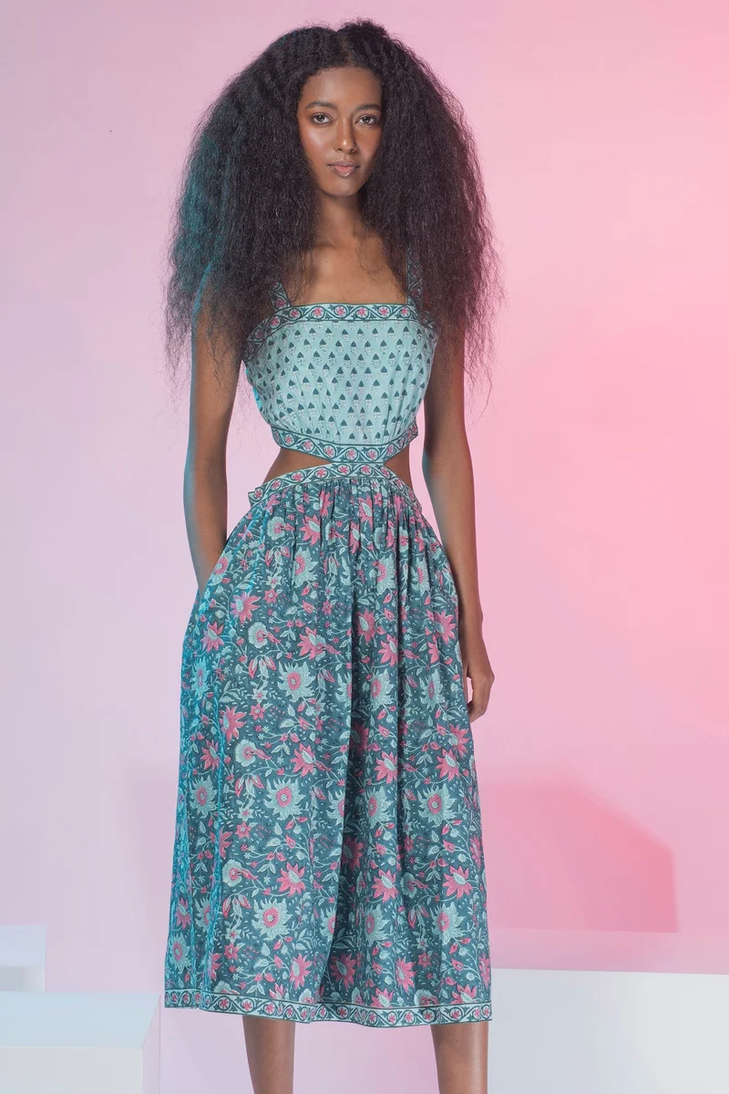 Virgio Virgio Women Neelambari flower Haven Jaipur Hand Block Print Waist Cut-Out Midi Dress