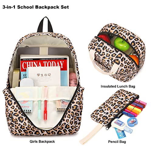 Kouxunt Leopard Girls School Backpacks for Kids Teens, 3-in-1 School Bag Bookbags Set with Lunch Bag Pencil Case - Image 3