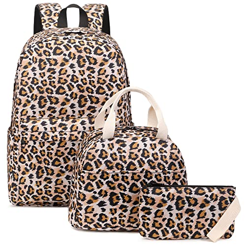 Kouxunt Leopard Girls School Backpacks for Kids Teens, 3-in-1 School Bag Bookbags Set with Lunch Bag Pencil Case - Image 1