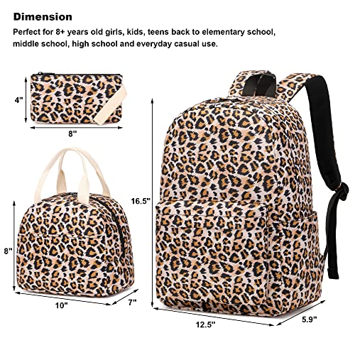 Kouxunt Leopard Girls School Backpacks for Kids Teens, 3-in-1 School Bag Bookbags Set with Lunch Bag Pencil Case - Image 2