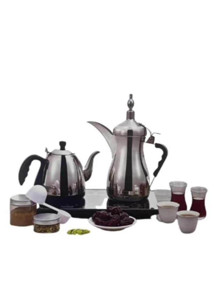 Electric Arabic Coffee Maker and Tea Kettle Set – Stainless Steel – 1000ml Dallah & 1500ml Kettle – Shared Heating Base – 1000W - Image 1