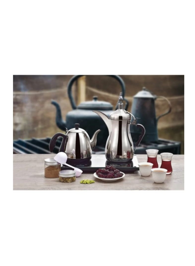 Electric Arabic Coffee Maker and Tea Kettle Set – Stainless Steel – 1000ml Dallah & 1500ml Kettle – Shared Heating Base – 1000W - Image 2