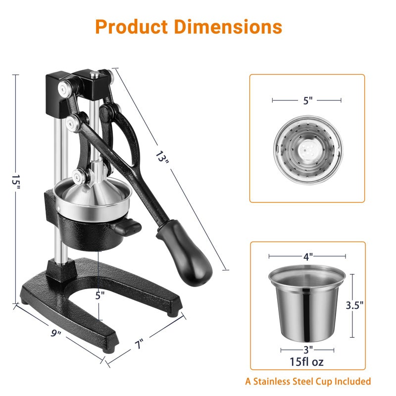 TONGCHANT Cast Iron Juicer with Stainless Steel Cup, for Orange, Lemon, Lime, Citrus, Grapefruit & Pomegranate, Heavy Duty Manual Juicer, Hand Press Juicer, Easy to Clean, Black - Image 3