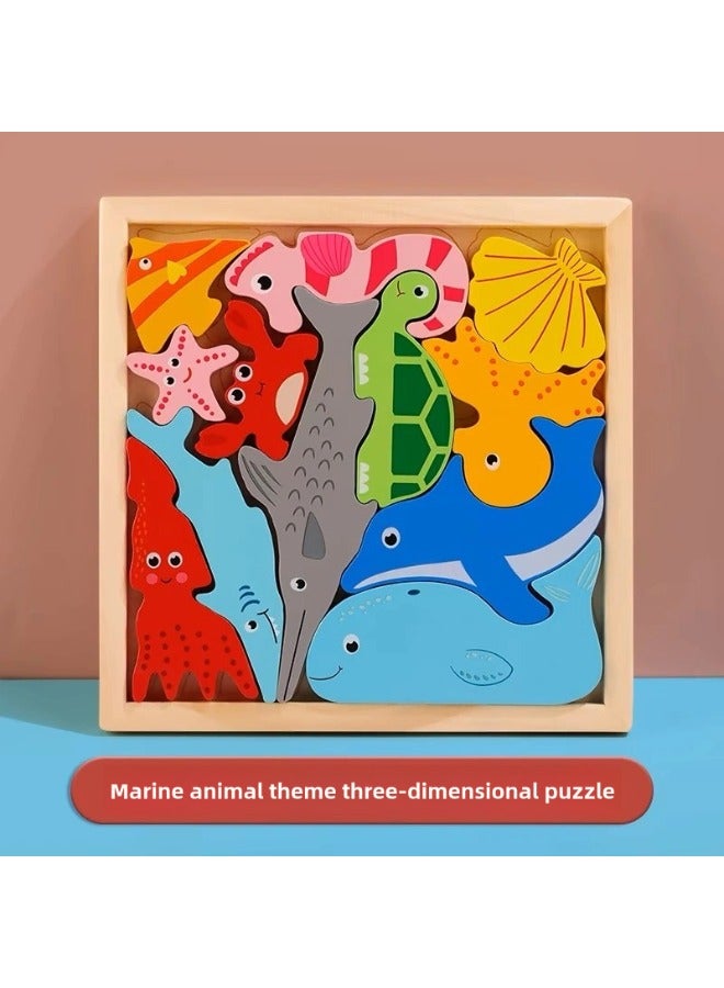 3D Cartoon Cognition Wooden Large Particle Puzzle for Kids Ages 2-4 Toys Parent-Child Interactive Montessori Toys for Children Learning Ocean Animals Shell Crab Dolphin Whale Starfish Seahorse Shark Octopus Turtle and Color Early Education Toy - Image 1