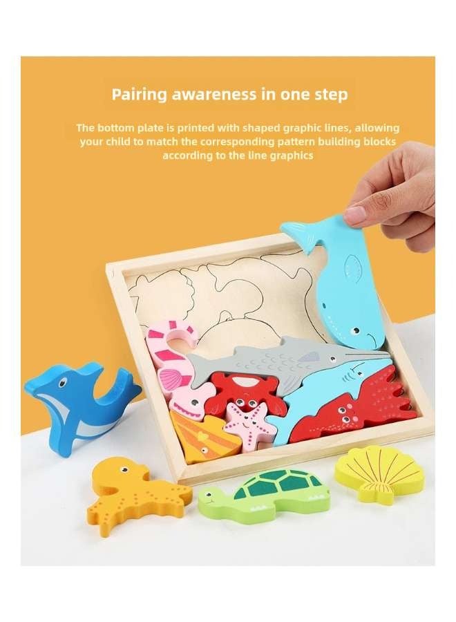 3D Cartoon Cognition Wooden Large Particle Puzzle for Kids Ages 2-4 Toys Parent-Child Interactive Montessori Toys for Children Learning Ocean Animals Shell Crab Dolphin Whale Starfish Seahorse Shark Octopus Turtle and Color Early Education Toy - Image 5