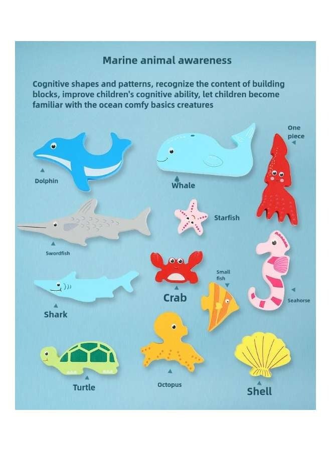 3D Cartoon Cognition Wooden Large Particle Puzzle for Kids Ages 2-4 Toys Parent-Child Interactive Montessori Toys for Children Learning Ocean Animals Shell Crab Dolphin Whale Starfish Seahorse Shark Octopus Turtle and Color Early Education Toy - Image 4