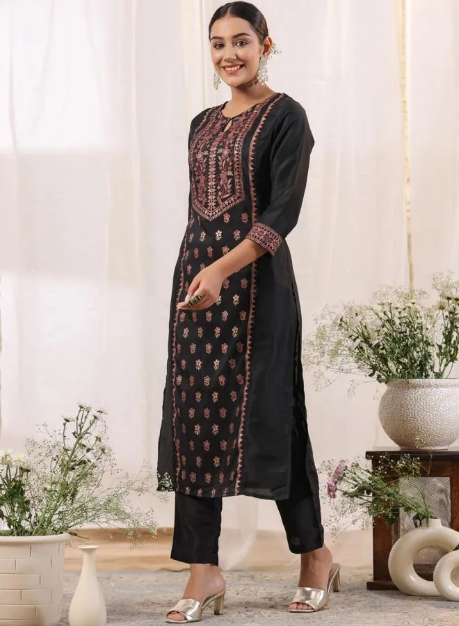ISHIN Women's Black Polyester Blend Embroidered Tunic Full Length Palazzo Straight Fit Kurta Set