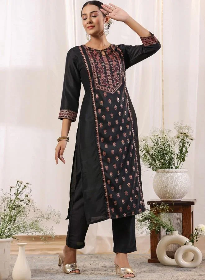 ISHIN Women's Black Polyester Blend Embroidered Tunic Full Length Palazzo Straight Fit Kurta Set
