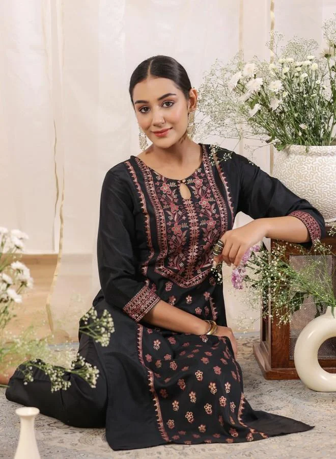 ISHIN Women's Black Polyester Blend Embroidered Tunic Full Length Palazzo Straight Fit Kurta Set
