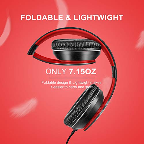 LORELEI X6 Over-Ear Headphones with Microphone, Lightweight Foldable & Portable Stereo Bass Headphones with 1.45M No-Tangle,Wired Headphones for Smartphone Tablet MP3 / 4 (Black-Red) - Image 3
