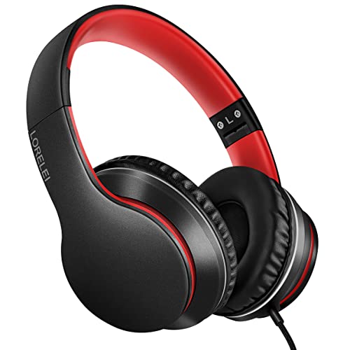 LORELEI X6 Over-Ear Headphones with Microphone, Lightweight Foldable & Portable Stereo Bass Headphones with 1.45M No-Tangle,Wired Headphones for Smartphone Tablet MP3 / 4 (Black-Red) - Image 1