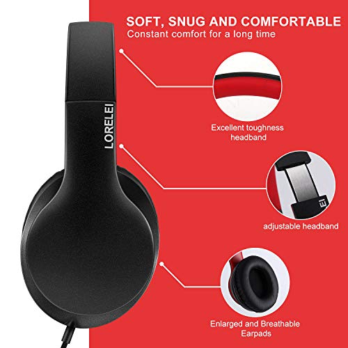 LORELEI X6 Over-Ear Headphones with Microphone, Lightweight Foldable & Portable Stereo Bass Headphones with 1.45M No-Tangle,Wired Headphones for Smartphone Tablet MP3 / 4 (Black-Red) - Image 4
