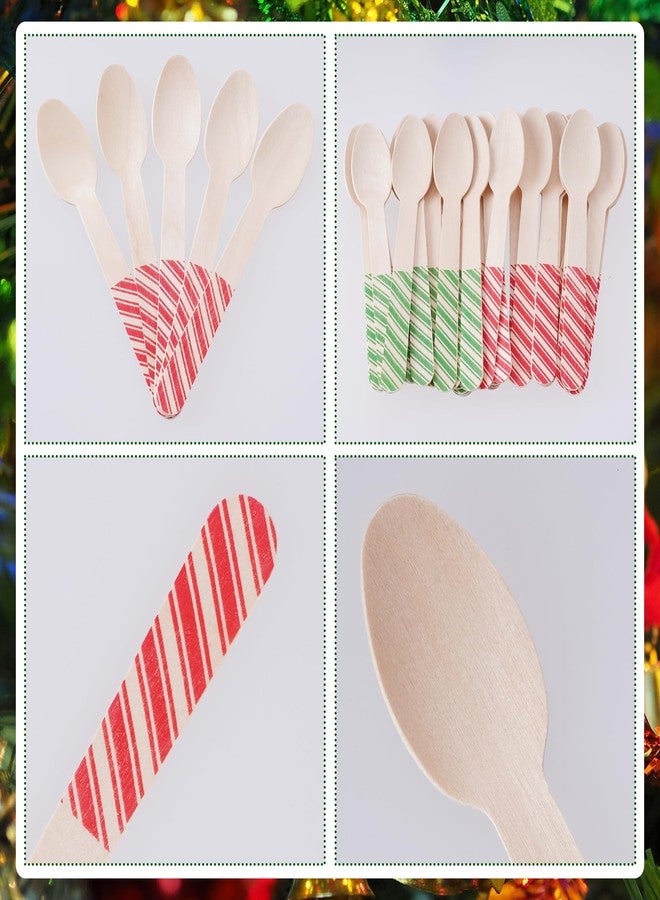 mifengda 120 قطعة ملاعق خشبية قابلة للتخلص منها لعيد الميلاد، ملاعق خشبية بخطوط حمراء وخضراء، ملاعق تذوق مخططة، ملاعق عيد الميلاد على شكل عصا الحلوى، ملاعق مخططة للآيس كريم، الكعك، الشوكولاتة، القهوة (أحمر وأخضر) - Image 3