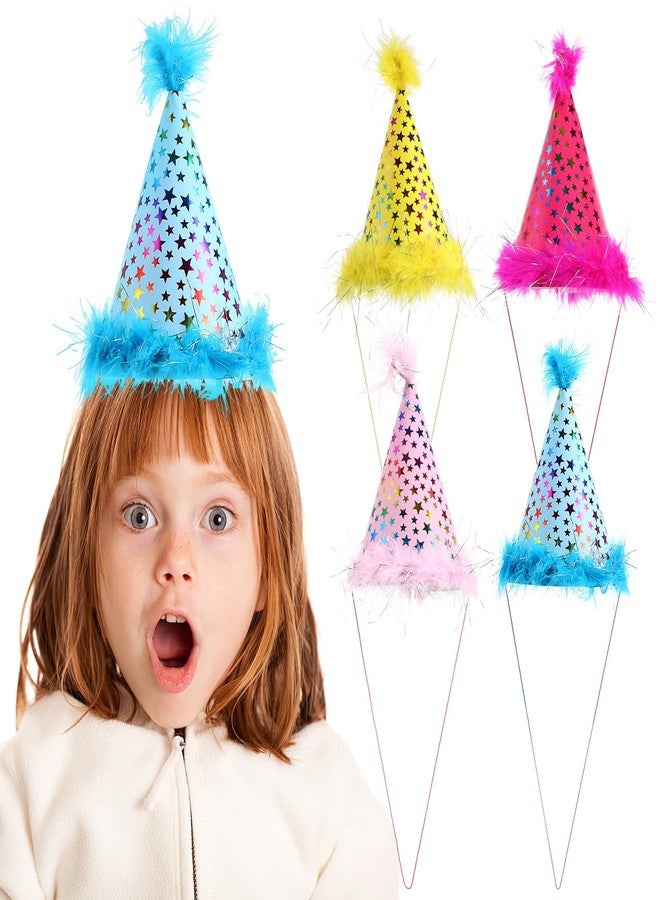 JECOMPRIS 4Pcs Kids Birthday Hats Glitter Cone Party Hats with Pom Pom for Baby Shower Birthday Cap Party Supplies - Image 1