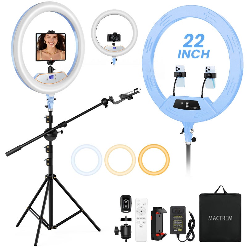 MACTREM Ring Light 22inch Kit: Ring Light Tripod for iPhone ipad, with 75" Tripod/LCD Display/2 USB Ports Overhead Phone Mount for Video Recording, Zoom Meeting,YouTube,TikTok (Blue) - Image 1
