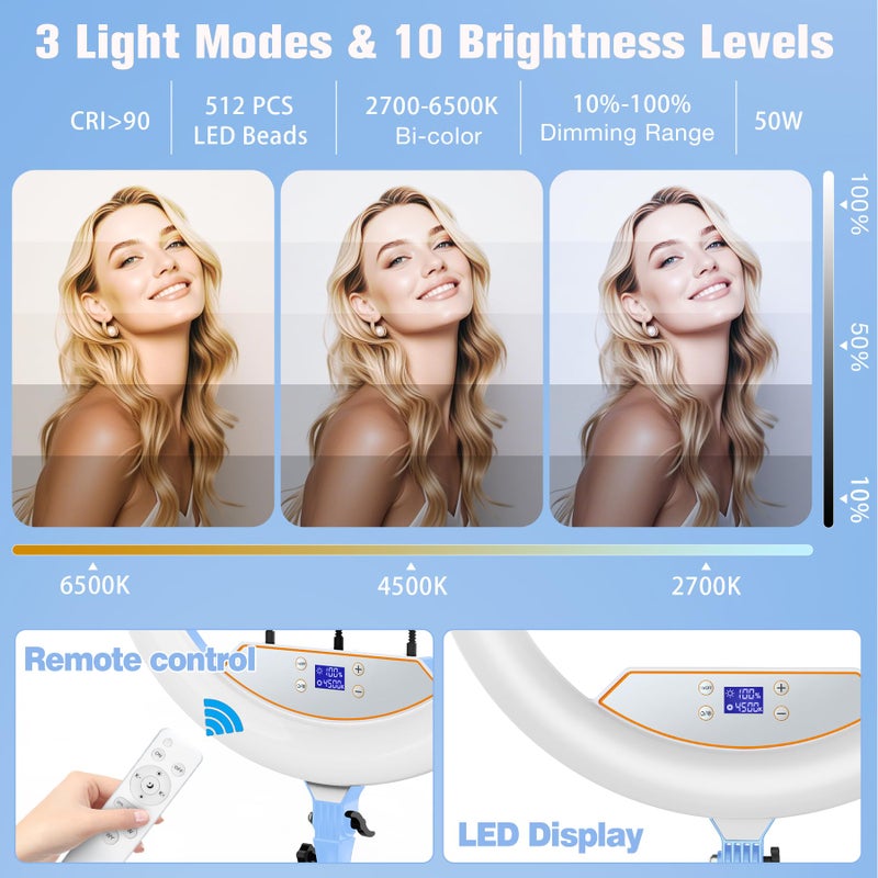 MACTREM Ring Light 22inch Kit: Ring Light Tripod for iPhone ipad, with 75" Tripod/LCD Display/2 USB Ports Overhead Phone Mount for Video Recording, Zoom Meeting,YouTube,TikTok (Blue) - Image 4